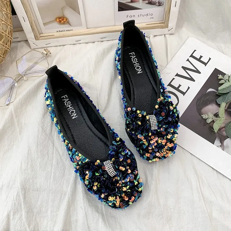 

Rhinestones Soft Flat Shoes Women Summer Slip on Bow Shoes Woman Fashion String Bead Square Toe Loafers Mujer 2020
