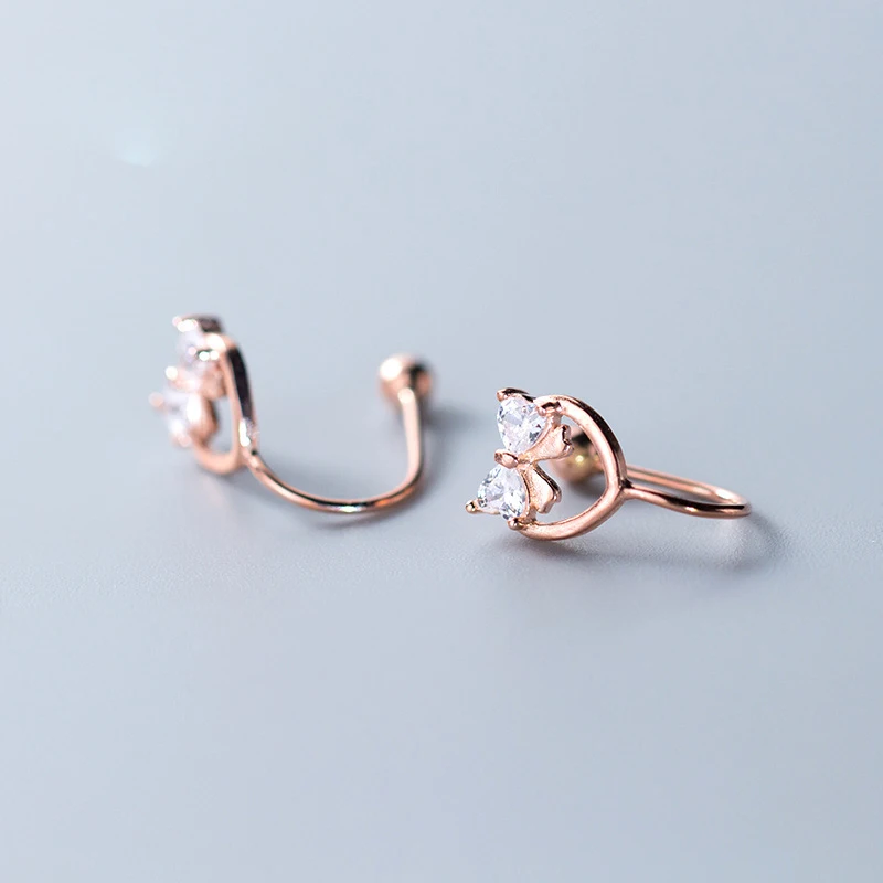 Rose Trusta 925 Твердые Настоящее Стерлинговое серебро бантом Cz кафф на ухо клип серьги для девочек-подростков возрастом от без Сережки для пирсинга ювелирные изделия DS1073 - Окраска металла: Rose