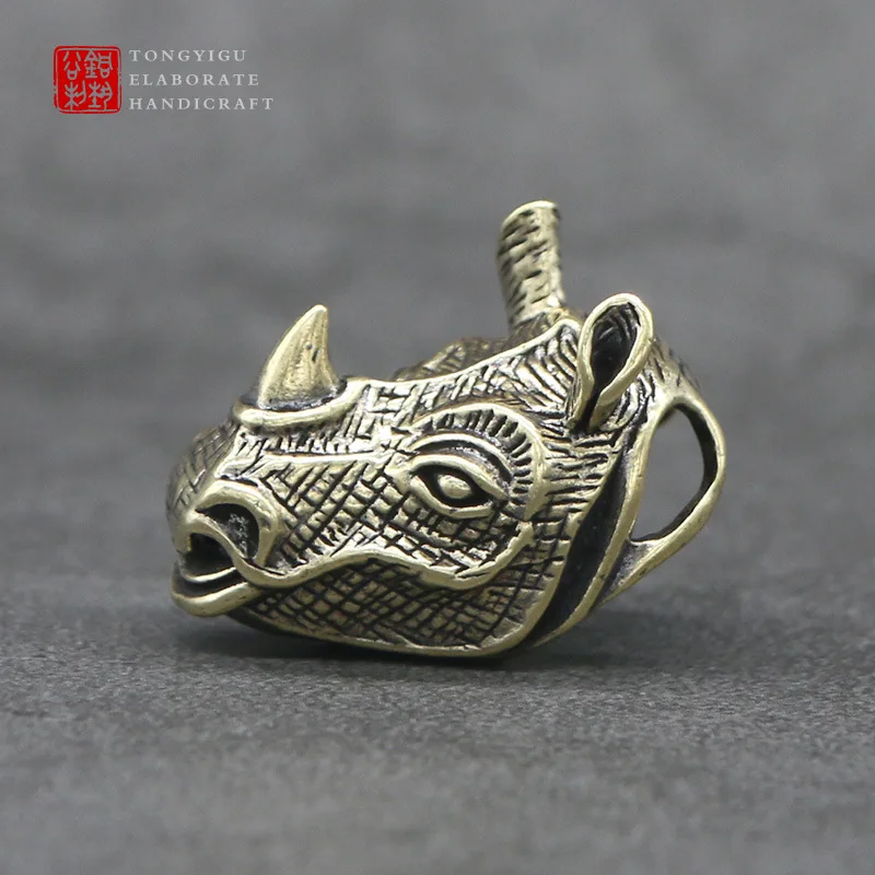 

Antique Solid Brass Rhinoceros Miniature Figurines Retro Copper Animal Tea Pet Desktop Ornament Decor Crafts Keychain Pendants