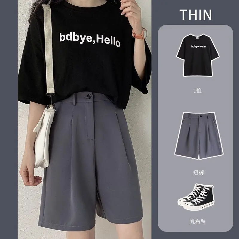 

Woman Suit Shorts Black Gray Solid High Waist Sports Cycling Wide Leg Short Pants Korean Office Ladies Women Plus Size Clothing