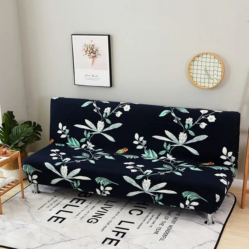 

Blue Leaves Printed Armless Sofa Bed Covers Tight Wrap Dust-Proof Universal Size Elastic Stretch Furniture Slipcovers Home Decor