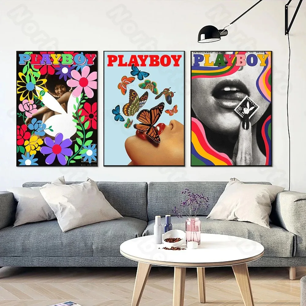 

Canvas Painting Poster Wall Art Print Fashion Magazine Playboy Small Flowers Butterflies Red Lips Home Rooms Wall Decor