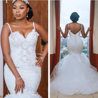 luxury spaghetti mermaid wedding dresses full lace applique open back plus size african chapel train bridal gowns
