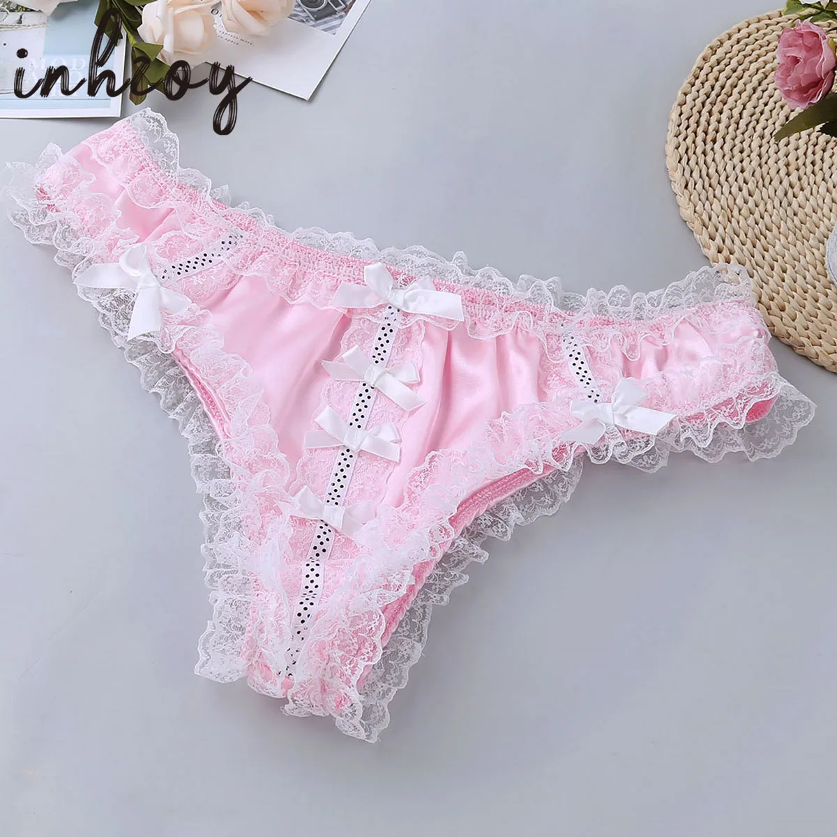 

Sissy Panties Frilly Lace Ruffled Thongs Gay Men Sexy Erotic Lingerie Shiny Satin Bikini Briefs Crossdressing Knickers Underwear