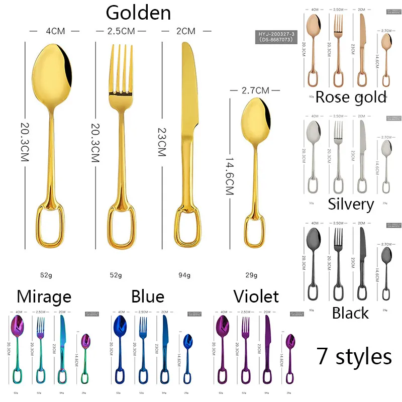 

4Pcs/Set Nordic Stainless Steel Hanging Hole Western Tableware Cutlery Set 304 Titanium Plated Steak Knife Fork Coffee Spoon