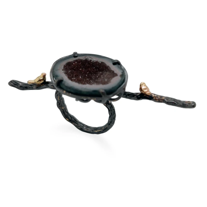 

INATURE 925 Sterling Silver Jewelry Natural Agate Cute Bird on Branch Open Rings for Women