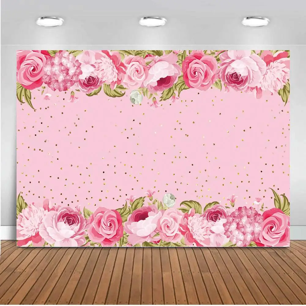 

Rose Gold Glitter Happy Birthday Backdrop Floral Flowers Dots Adult Girl Birthday Party Background Decoration Custom Photography