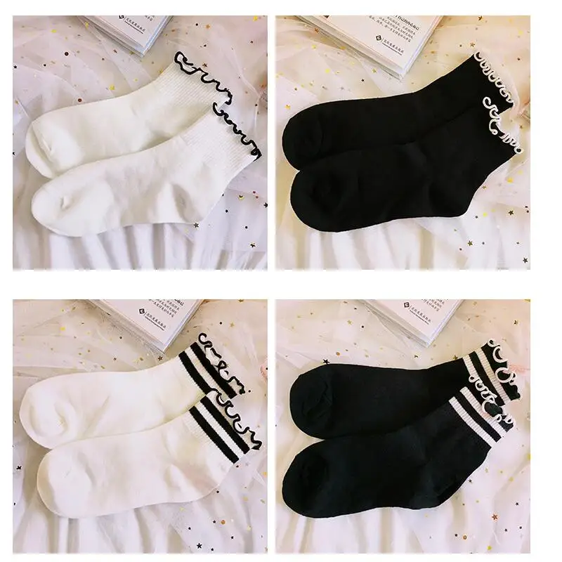 Women Solid Cotton Dots Hearts Striped Crew Socks Girls Lace Ruffles Short Socks Ankle Socks Autumn Winter Socks 8 Pairs/lot