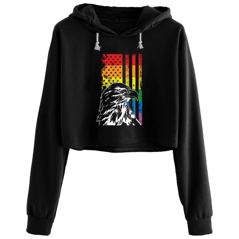 

Bald Eagle Rainbow American Flag Patriotic Lgtb Crop Hoodies Women Emo Aesthetic Kpop Korean Pullover For Girls