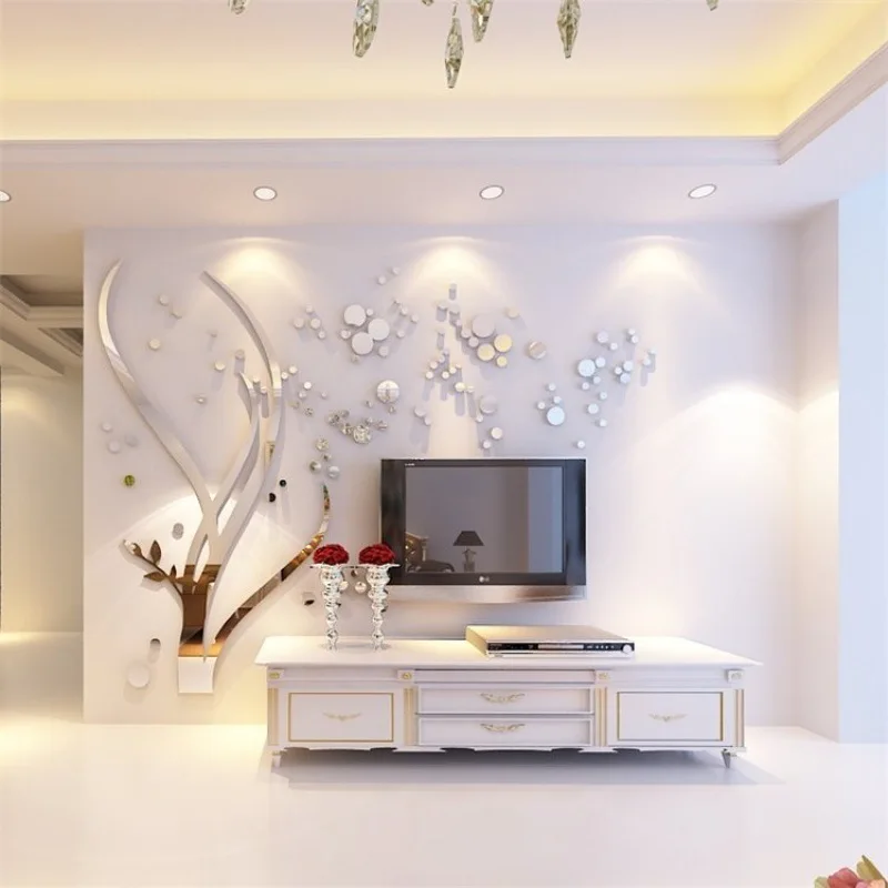 

Modern Style Mirror Silver Wall Stickers Tree 3D Background Decor Living Room Bedroom Quality Acrylic Decals DIY Wallstickers