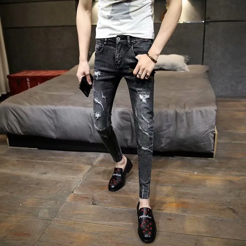 Джинсы мужские рваные в стиле High Street модные байкерские брюки-карандаш из денима