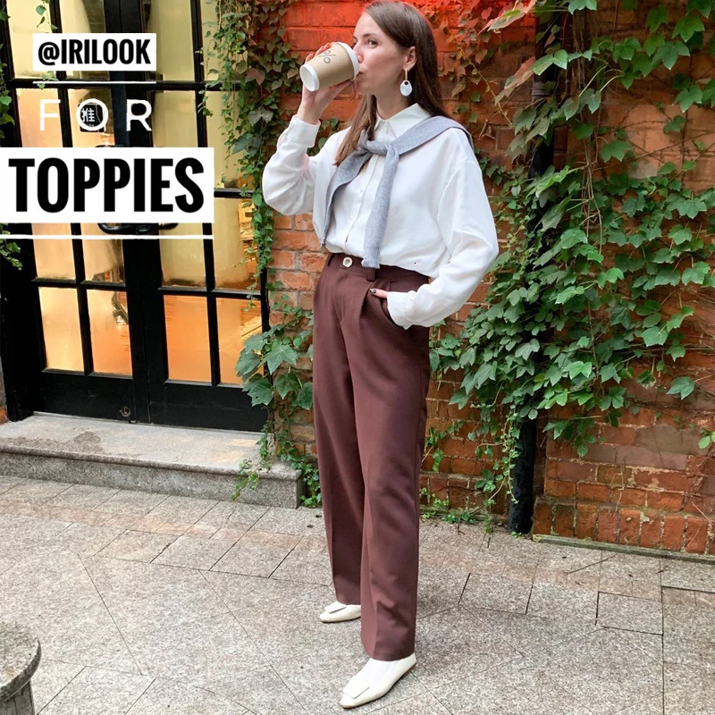 Свободные брюки с высокой талией женские широкие осень 2019 pantalones сплошной цвет