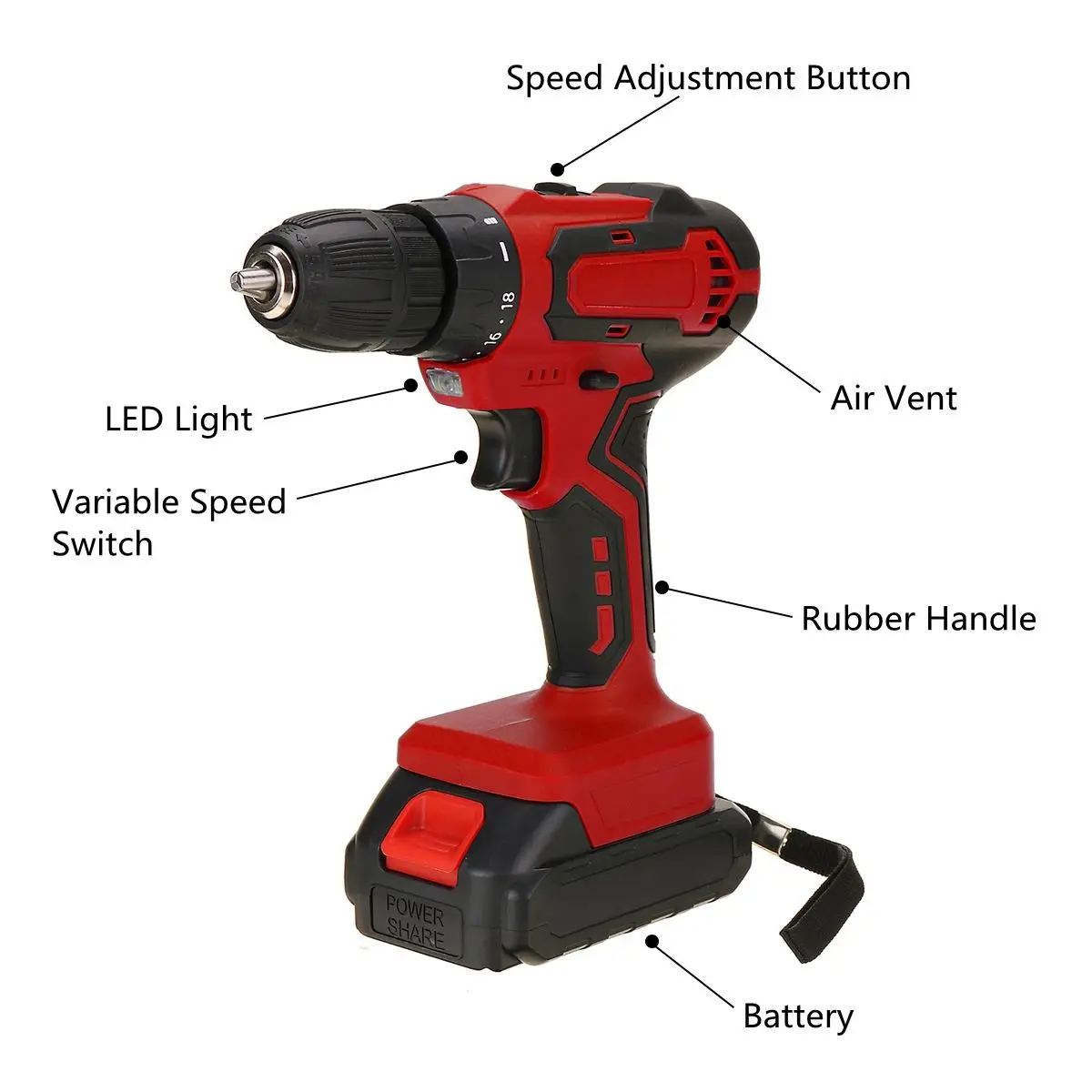 

18V Cordless Drill Electric Screwdriver Mini Wireless Power Driver 2x Lithium-Ion Battery LED Light 10mm Drill DIY Power Tool