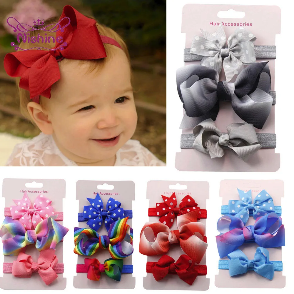 

Nishine 3pcs/lot Girls Hair Accessories Kids Elastic Hair Bows Headband Baby Bowknot Hairband Set Great Gift for Children Girls