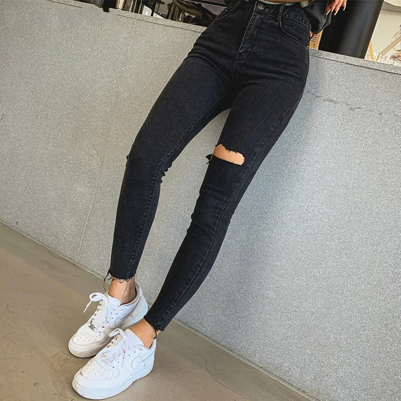 

Sexy Elastic Tassel Ripped Holes Denim Pants Female Trousers 2021 High Waist Stretch Pencil Jeans Women Skinny Pants Black Jeans