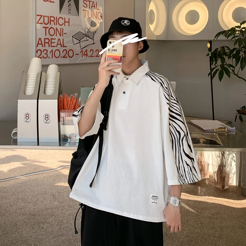 

High Quality Three Quarter Sleeve Polo Shirt for Teen Summer Fashion Streetwear Zebra Pattern Patchwork Mens Clothing Golf Shirt