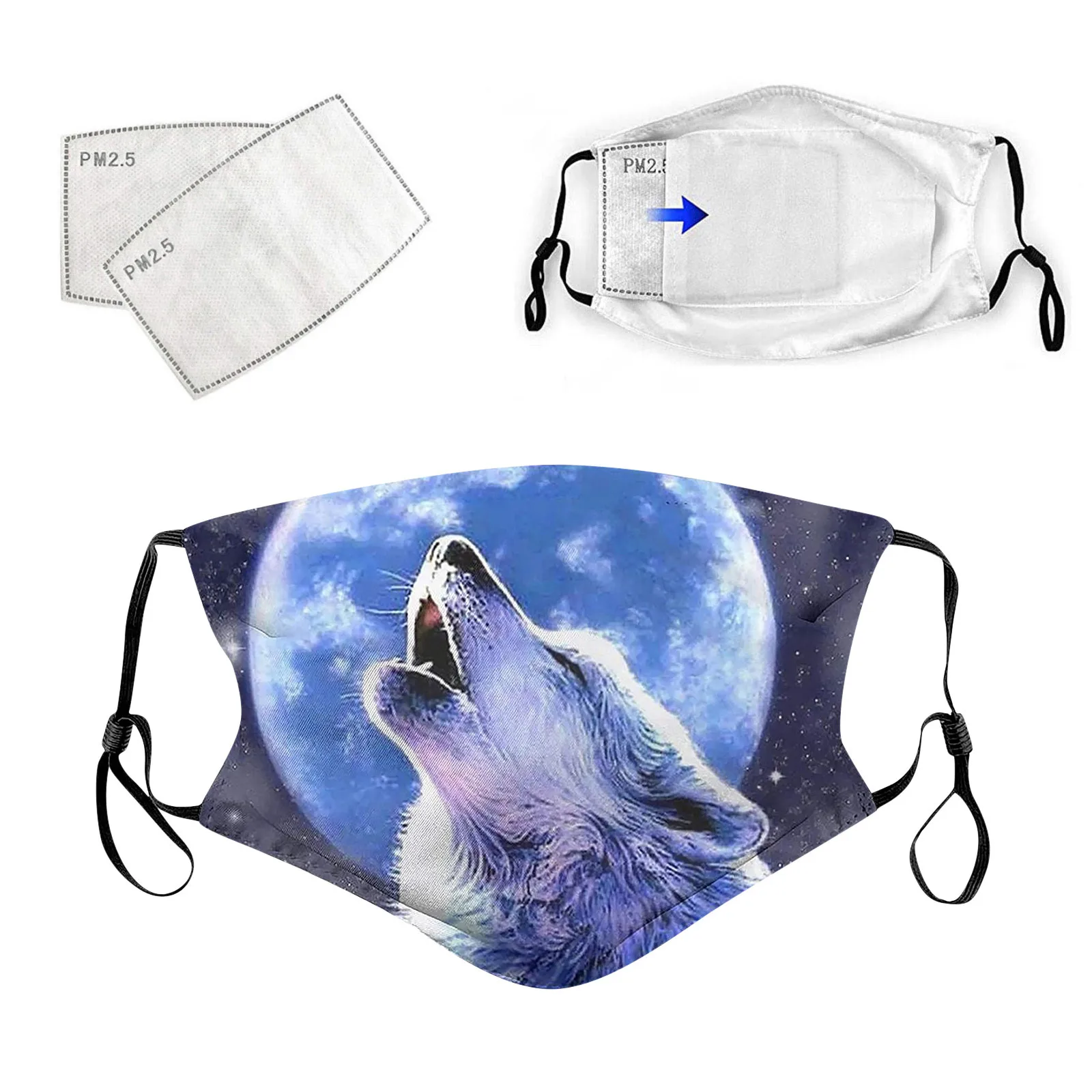 

Face Mask Wolf Print With 2pcs Filtros Mascarillas Pm2.5 Filter Washable Protect Face Mouth Cover Outdoor Dustproof Mascarillas
