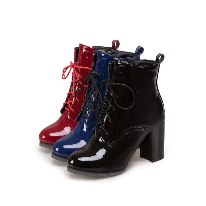 Большие размеры Женские Ботинки Martin Цвет Красный Лакированная кожа Шнуровка