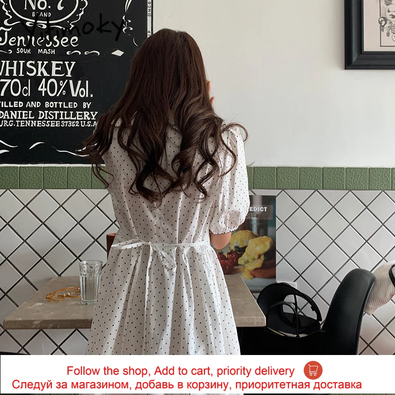 

Yitimoky Vintage Dresses Women 2021 Summer Fashion Korean Puff Sleeve Polka Dot Peter Pan Collar Zipper Belt A-line Long Dress