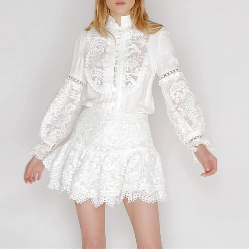 Spring New Item Hollow Lace White Embroidery Elegant Women Lantern Sleeve Tops and Mini Skirts Sweet Slim Clothing Sets 2 Piece