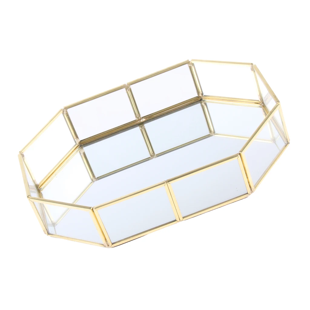 Gold Metal Glass Cosmetic Storage Box, Decorative Tray, Jewelry Storage Tray