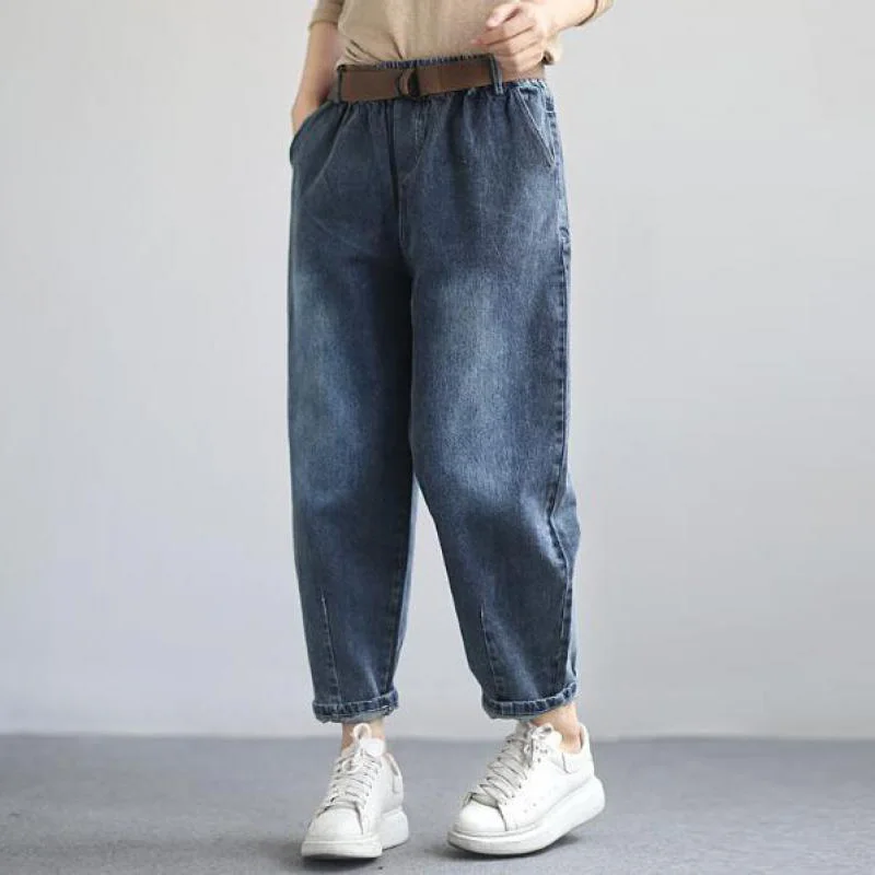 Женские джинсы с эластичной резинкой на талии Johnature универсальные винтажные