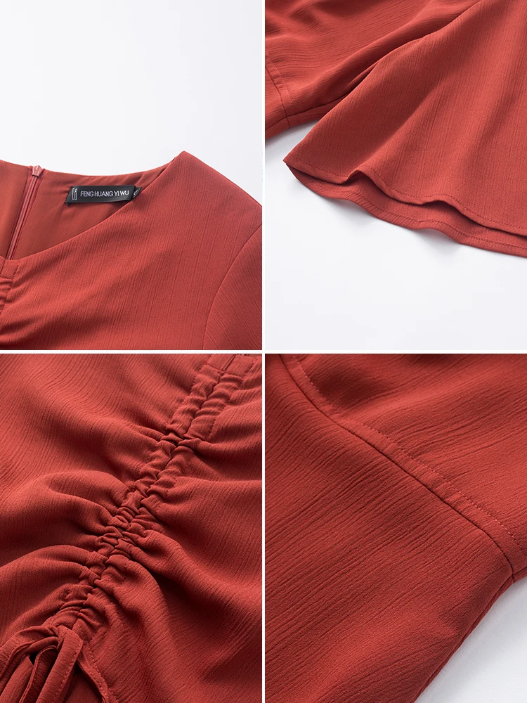 

Summer Dress 2021 Plus Size Loose Women Drawstring Tied Pleated Solid Fashion Party Dress V Neck Midi Dress Female Vestidos C199