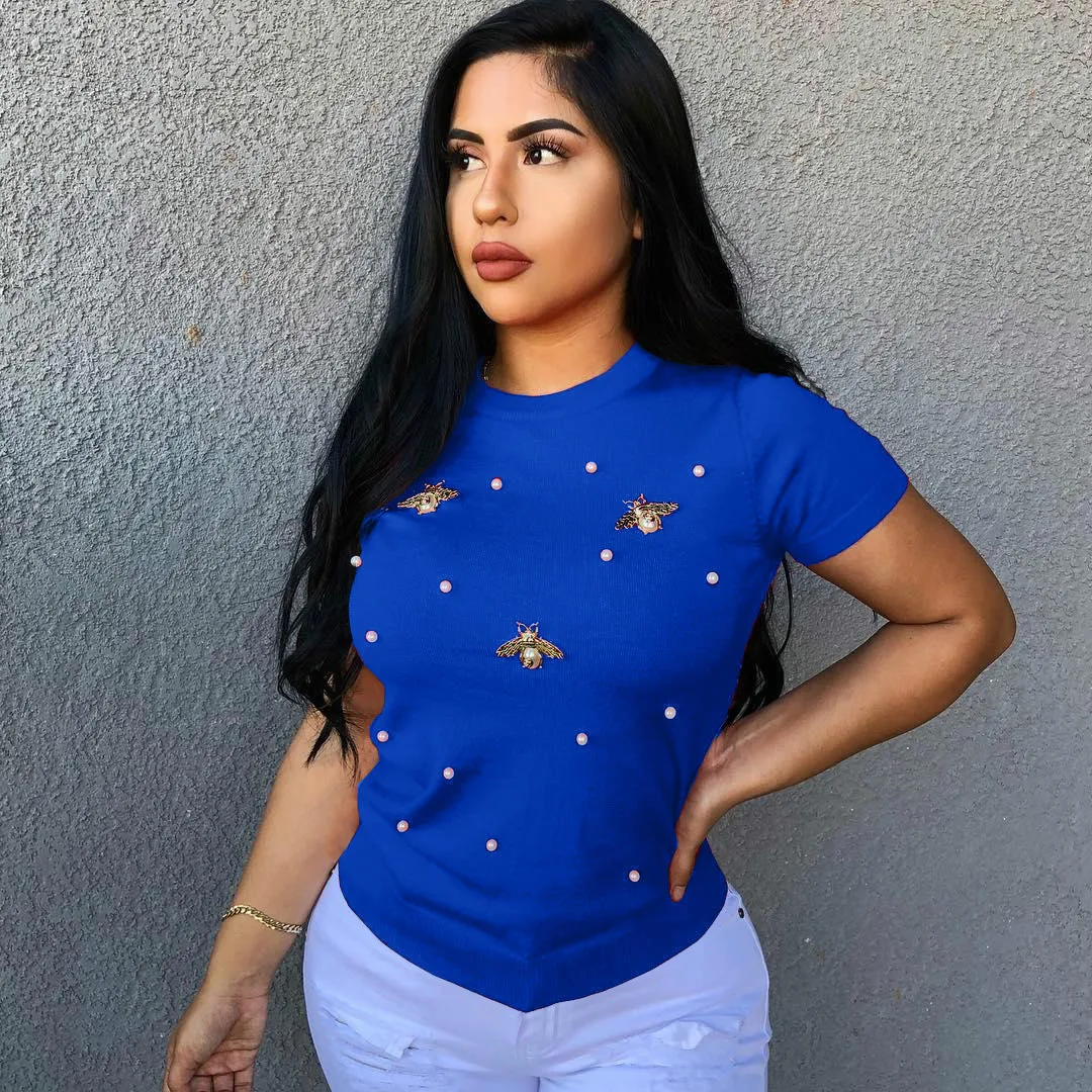 

Summer T Shirt Women Pearl Bee Rivet Casual T-Shirt Round Neck Short Sleeve Top Women T Shirts