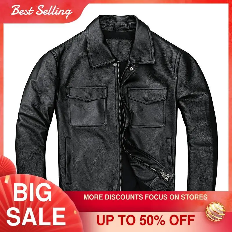 

2021 Black Casual Style Genuine Leather Jacket Men Double Pockets Large Size 5XL Real Natural Thin Cowhide Slim Fit Spring Coat