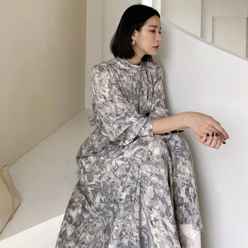 

GALCAUR Print Colorblock Vintage Dress Women Stand Collar Three Quarter Flare Sleeve High Waist Midi Dresses Female 2021 Clothes