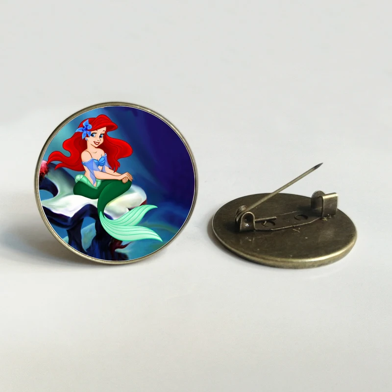 Fashion Anime The Little Mermaid Ariel Round Badge Princess &amp Prince Photo Glass Gem Brooch for Girls Kids Jewelry | Украшения и