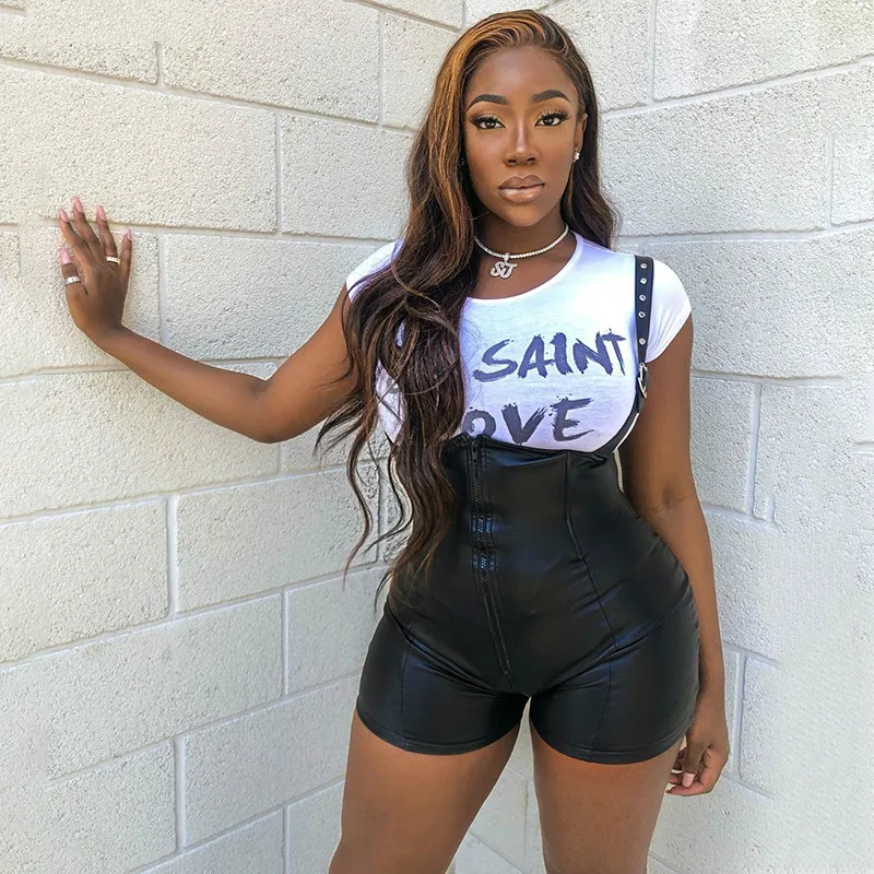 

Solid Black Suspender Leather Pants Women Short Pant Zipper Skinny Pants Sexy Club Party Night for Women 2020 Summer