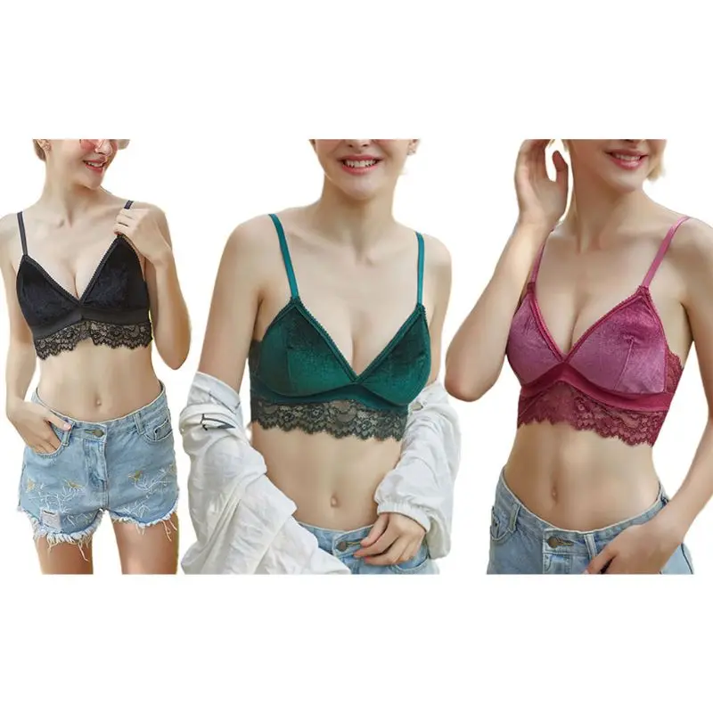

Womens Sexy V-Neck Scalloped Floral Lace Bralette Solid Color Seamless Strappy Underwear Bustier Velvet Push Up Padded Crop Tops