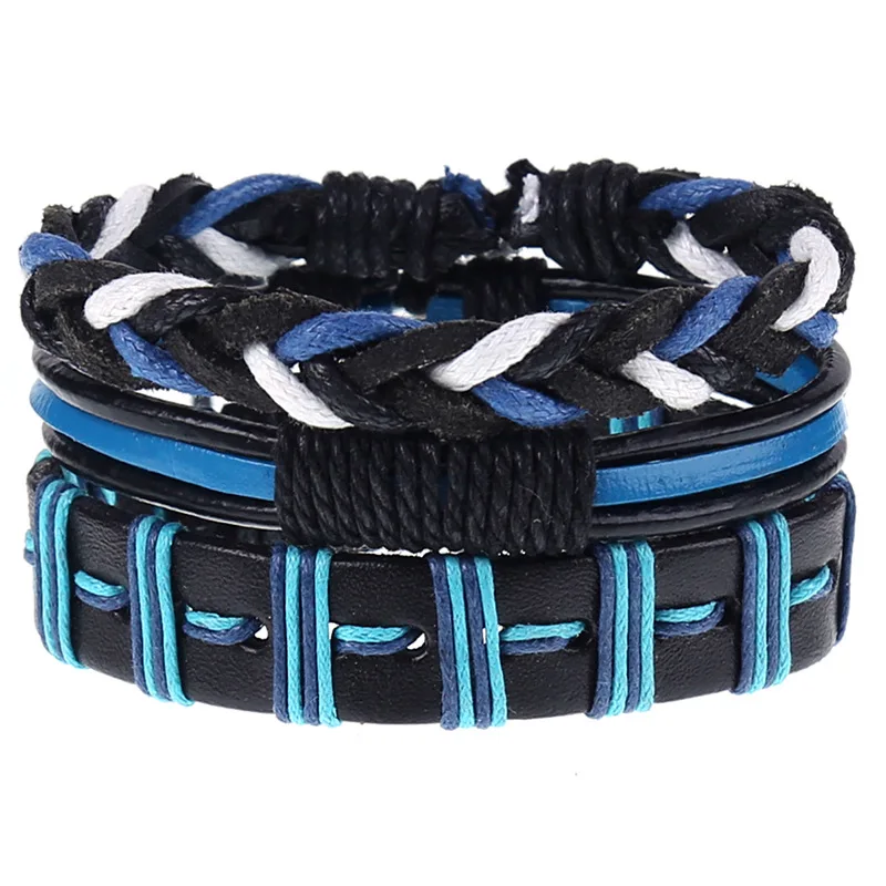 

2019 Leather Braided Bracelet Small Fresh Multilayer Charm Bracelets Lace-up Casual Sporty Geometric Rope Chain Blue Punk Unisex