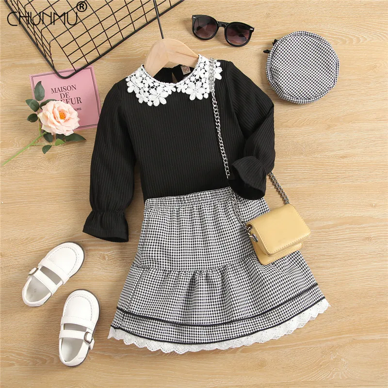 

Toddler Girls Clothing Sets 1-6 Years Spring Girls Clothes Knitted Lace Collar Top + Plaid Tutu Skirt + Hat 3 Pcs Suit Kids Set