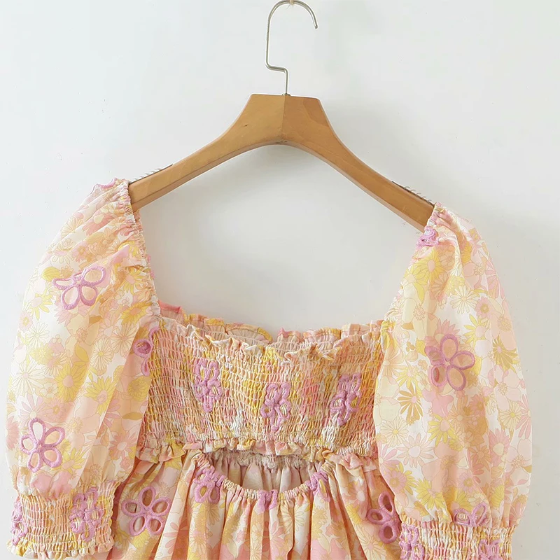 

YENKYE New Fashion Women Floral Embroidery Print Dress Sexy Waist Hollow Out Holiday Party Dress Female Summer Short Vestido