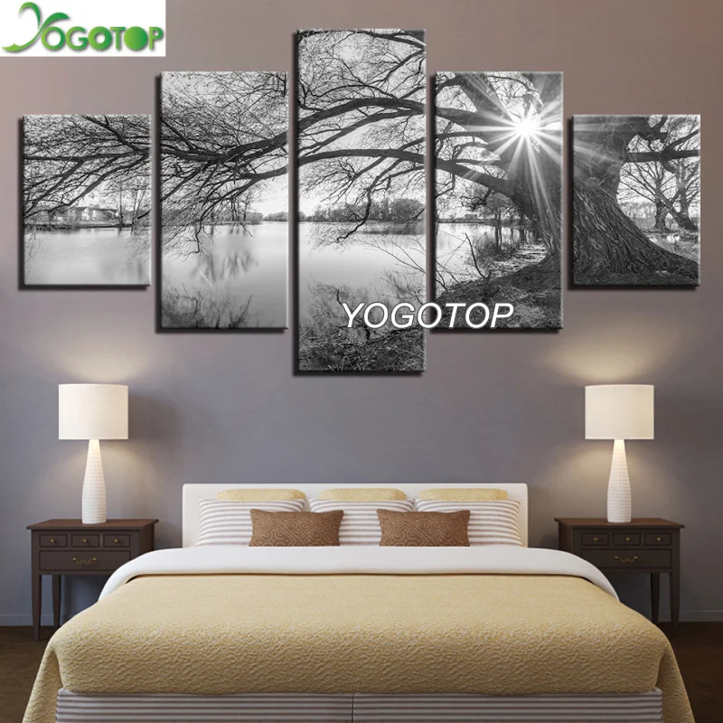 

diy Diamond Painting puzzle 5D Full Mosaic Diamant Embroidery 5 Pieces Lakeside Big Trees Paintings Black White Landscape ML1182