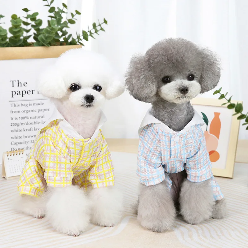 

Cartoon Strawberry Dog Clothes Spring Summer Four-legged Soft Cool Home Clothing for Dogs Cute Yorkshire Plaid Yellow Girl Ropa