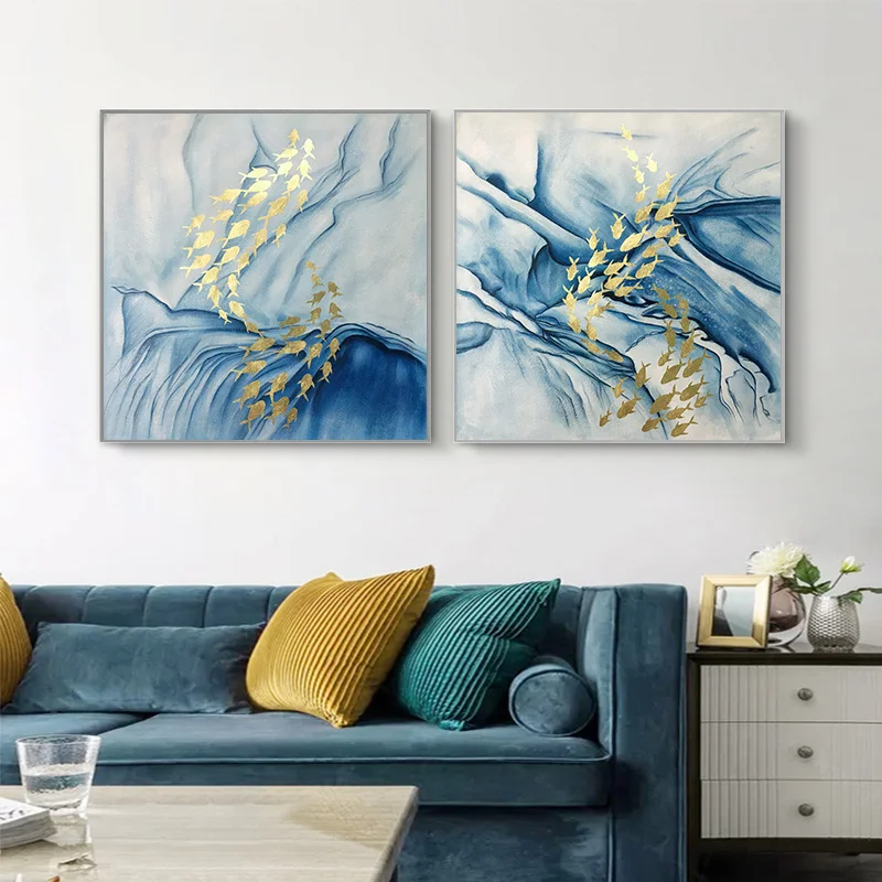 

2 Pieces Handmade Gold Fish Abstract Canvas Painting Blue Wall Art Pictures For Living Room Home Original Texture Decoration