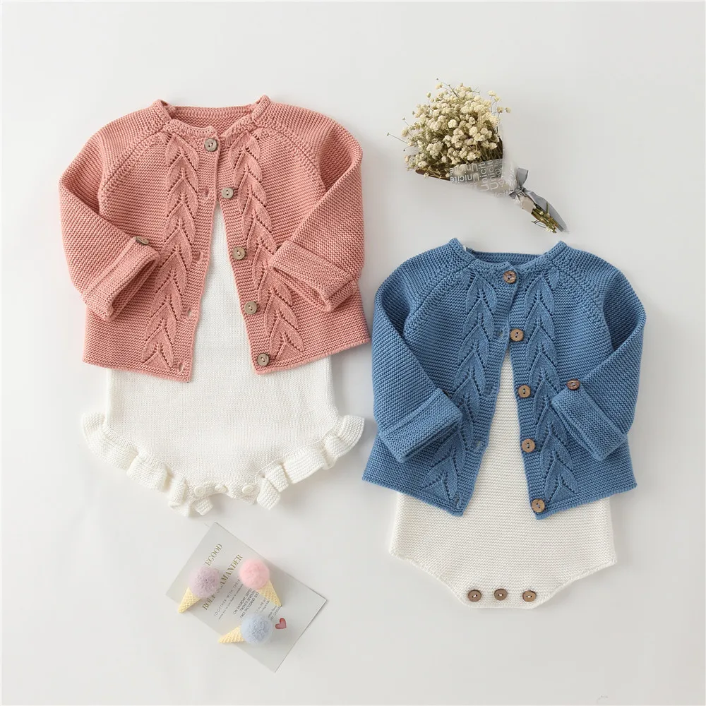 3D Leaves Design Knit Boys Girls Sweater Bebes Cardigan Kids Baby Toddler Romper Clothing Set Knitting Children Spring Clothes |