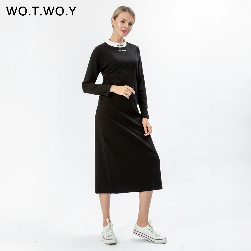 Женское трикотажное платье WOTWOY повседневное Хлопковое с карманами и принтом