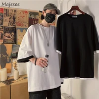 t shirts men three quarter sleeves patch designs fake two pieces harajuku ins leisure loose mens top street wear tees ulzzang bf