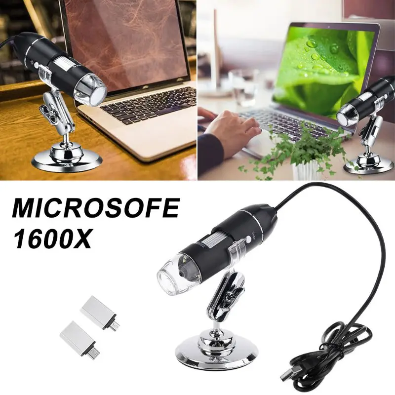 

3-in-1 Digital USB Microscope 1600X Portable 2Adapters Support OSX Windows PC Type-C Micro-USB Phone Magnifier with 8LED