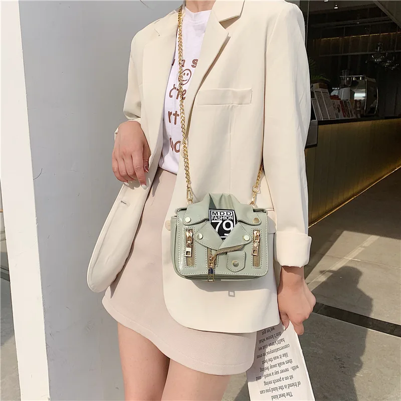 

European Brand Design Chain Motorcycle Bags Women Clothing Shoulder Rivet Zipper Jacket Bag Messenger Bag Women Leather Handbags