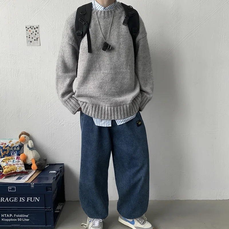 

Solid Pullovers O-neck Loose Underwear Couple Men Sweaters Simple Basic Fashionable Ulzzang Autumn High Quality College Students