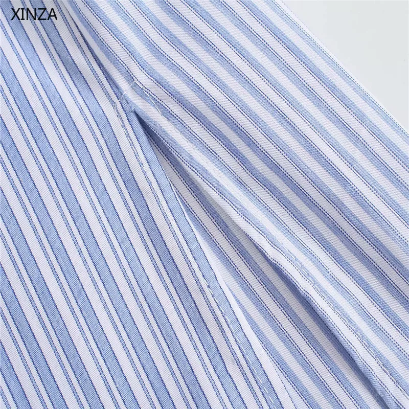 

Summer Za 2021 Striped Traf Shirt Women Long Sleeve Tops Chic Patch Pockets Blue Shirts Fashion Buttoned Vintage Woman Blouse