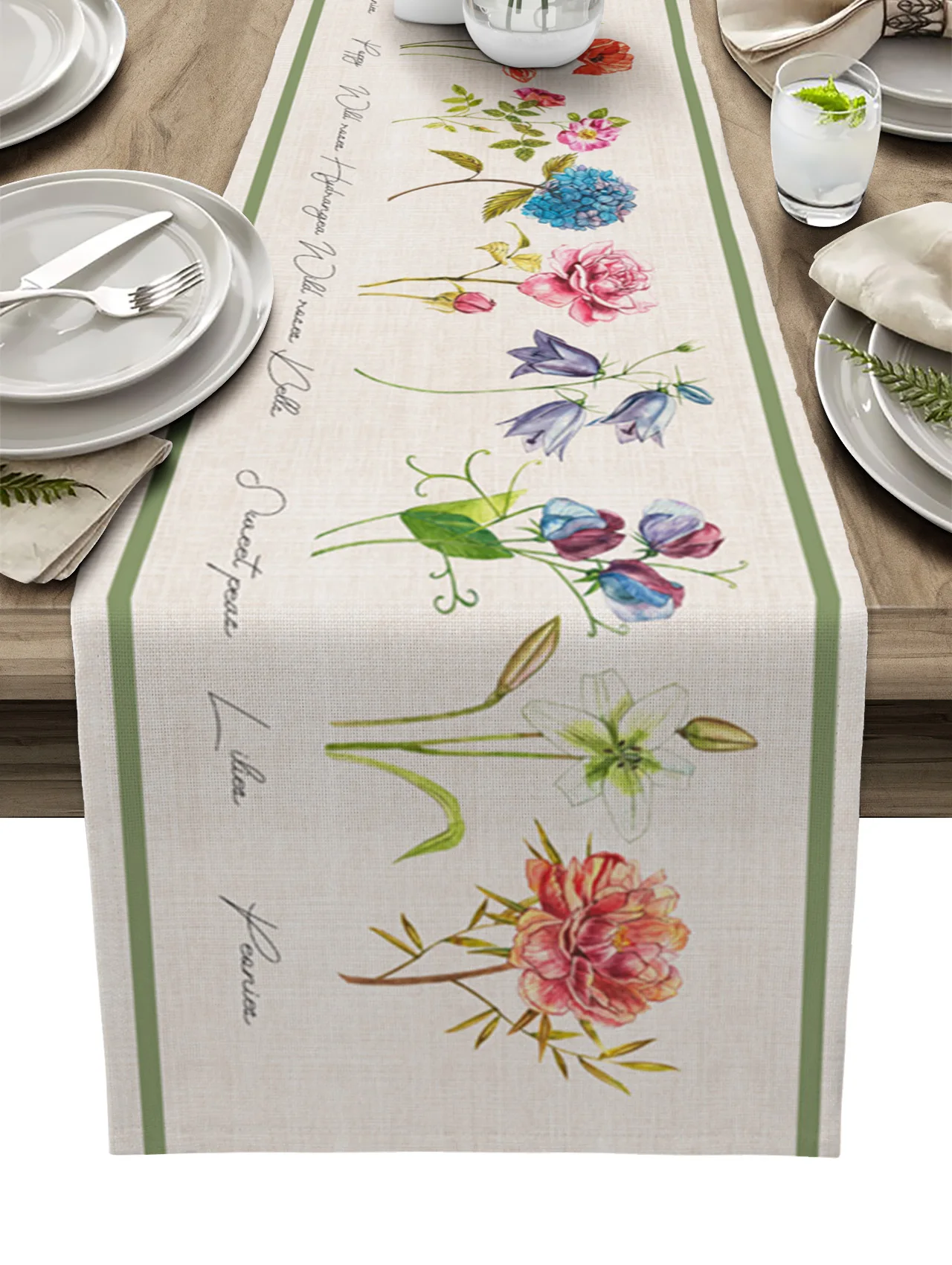 

Vintage Flowers Herbaceous Plant Linen Texture Table Runner Wedding Decor Table Cover Holiday Home Ornament Dinner Tablecloth