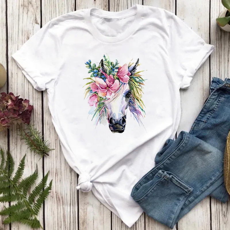 

Watercolor Horse Head Print Women T Shirt Aesthetic Art Female Summer Casual Tshirt Harajuku Short Sleeve Streetwear Tshirts