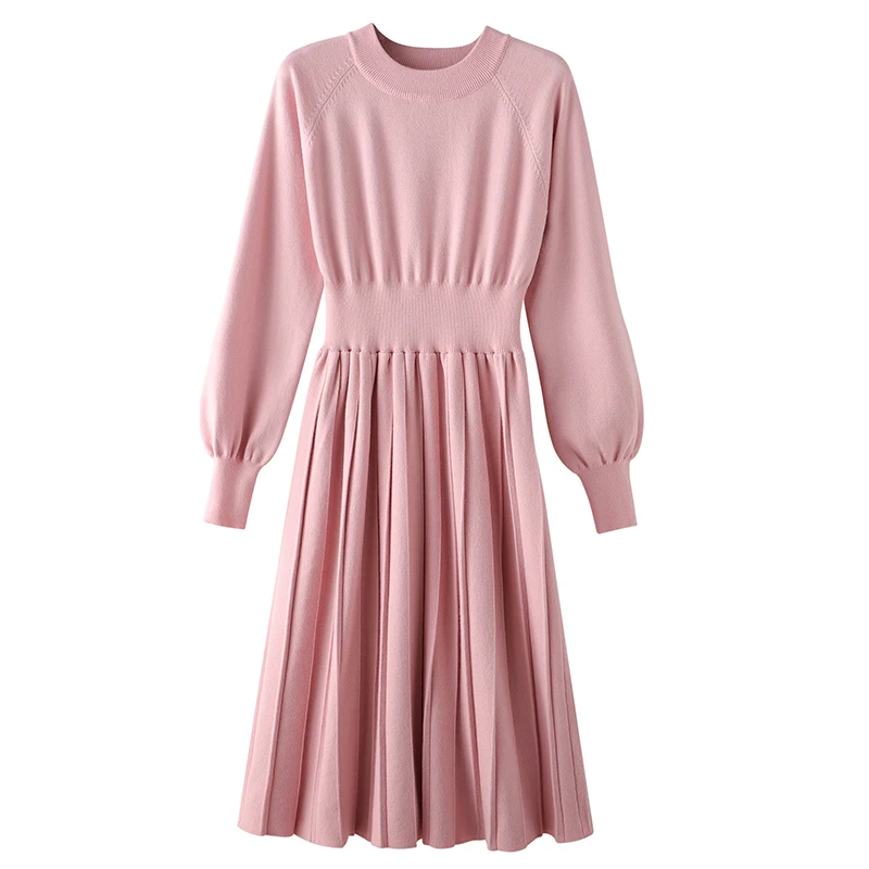 Элегантное плиссированное платье свитер А силуэта Женское зимнее однотонное с