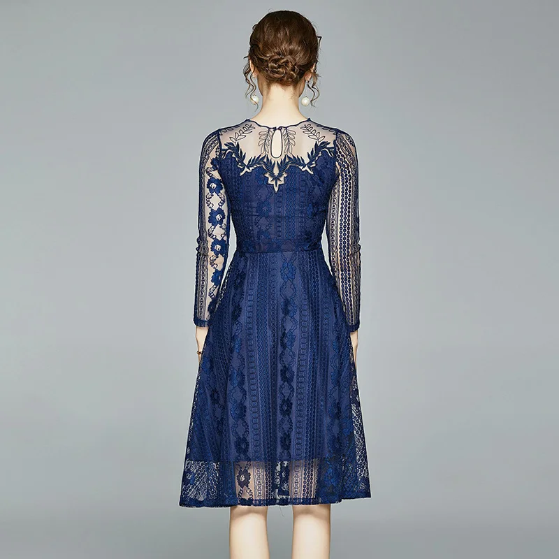 

New Elegant Vintage Fashion Women Lace Slim Tunic High Waist Evening Party Dress Lady Long Sleeve Big Swing Dresses